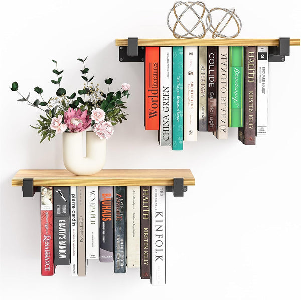 NANATI 2 Set of Floating Bookshelf, Pine Wood Invisible Bookshelf, Hanging Bookshelves for