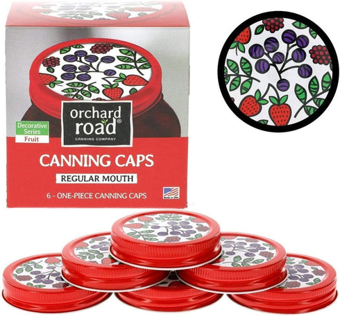 Mason Jar Lids, Decorative Canning Caps for Regular Mouth Jars, Fruit Design, Pack of 6