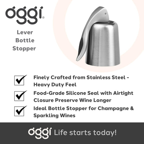 OGGI Stainless Steel Bottle Stopper Set - Stylish Wine Saver Stoppers with Airtight Sealer Levers for Champagne &