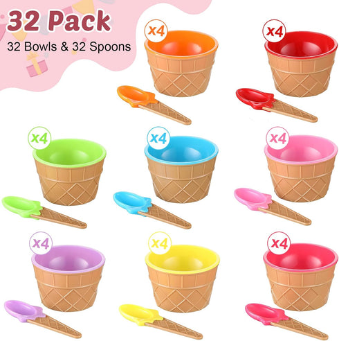 32 Pack 8 Summer Reusable Plastic Ice Cream Bowls and Spoons Candy Colors Ice Cream Cups Ice Cream Party Decorations