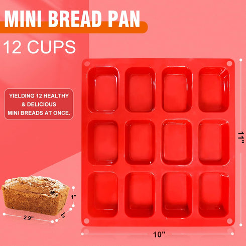 Walfos Silicone Mini Loaf Pan, 12 Cavities Non-stick Bread Brownie Pan for Mini Bread & Cheesecake