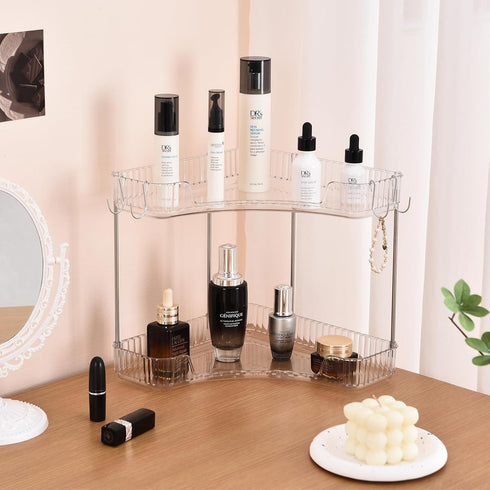 2-Tier Countertop Corner Bathroom Organizer with Hooks, Bathroom Sink Corner Vanity Storage for Makeup, Skincare