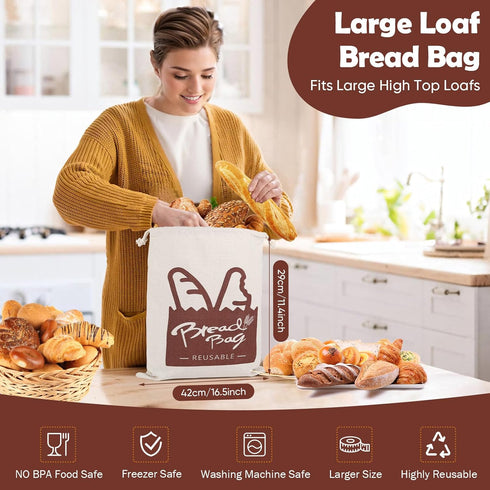 Seaury Kareen 2 Pack 1713Homemade Bread Bags, Bread Bags Reusable Linen with Plastic Lining, Large Loaf Storage Bags