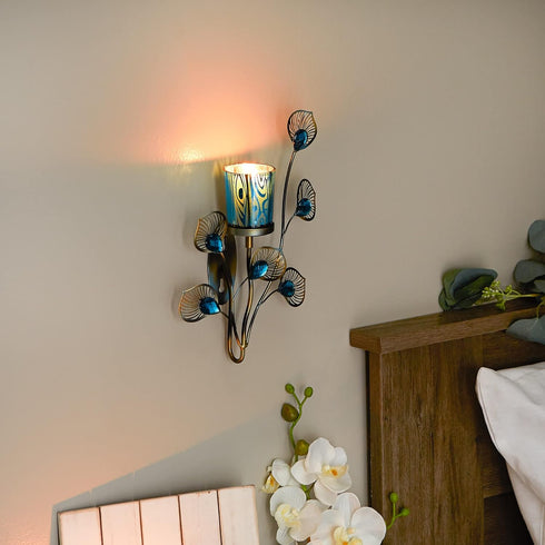 6.75x2.25x10.75, Zingz & Thingz Exotic Peacock Plume Collection Tealight & Candle Lighting, Wall Sconce Single