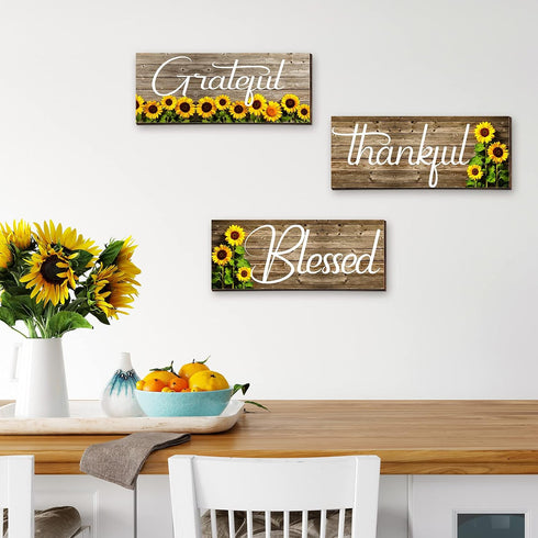 Nuanchu 3 Pcs Sunflower Wall Decor Art Signs, Thankful Grateful Blessed Wooden Hanging Plaques for Home