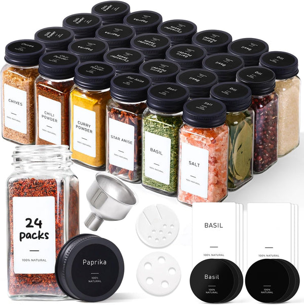 ComSaf Glass Spice Jars with Label, 24Pcs 4oz, 93 Labels, a Metal
