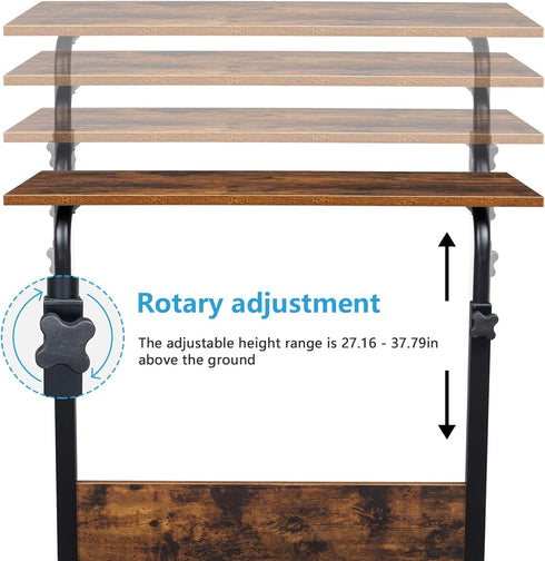 HomVent Brown-31.5" Wx15.7 Adjustable TV Tray Table Rolling Sofa Side Snack Table with Wheels Portable C-Shape Dinner
