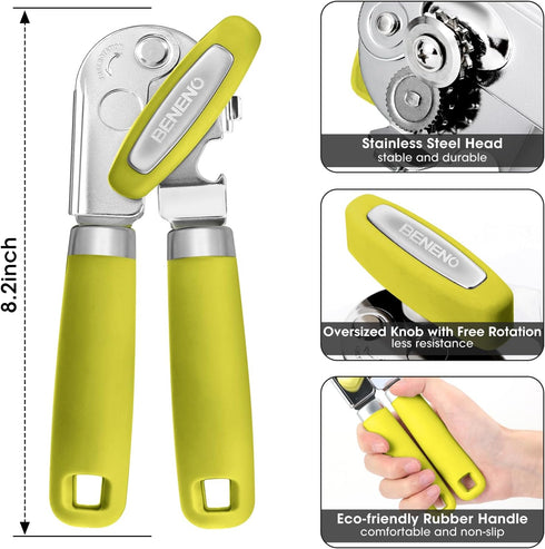 Can Opener Manual, Can Opener with Magnet, Hand Can Opener with Sharp Blade Smooth Edge, Handheld Can Openers with Big Effort-Saving Knob, Can Opener with Multifunctional Bottles Opener, Lime Green by Beneno