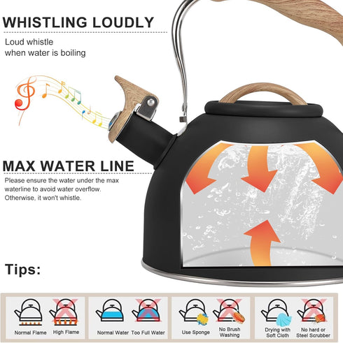 Tea Kettle, Vegoran 100 OZ / 3 Liter Whistling Tea Kettle, Tea Pots for Stove Top Food Grade Stainless Steel with Wood Pattern Folding Handle, Loud Whistle Kettle for Tea, Coffee, Milk (Black) by Vegoran