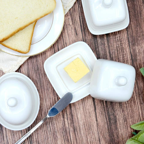 NAGU Mini Square Butter Dish with Lid, White Porcelain Domed Cheese Dish with Handle for Countertop Serving