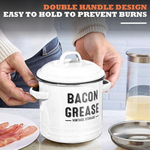 46OZ Bacon Grease Container with Strainer - Large Kitchen Oil Storage Can, Food Saver Bin with Lid | Farmhouse Cooking