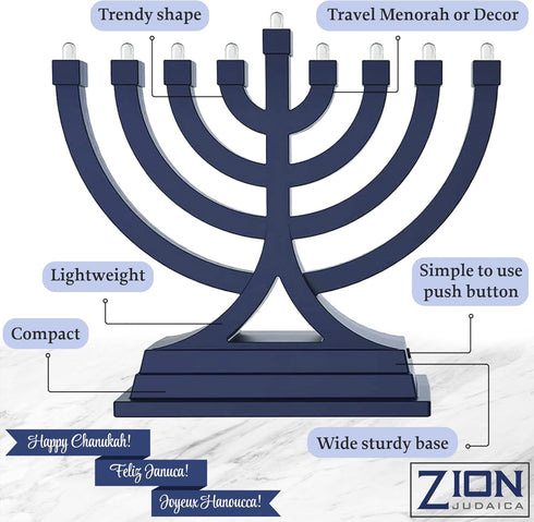 Zion Judaica Mini LED Hanukkah Menorah, Battery or USB Operated, Blue, Multiple Light Settings for Chanukah