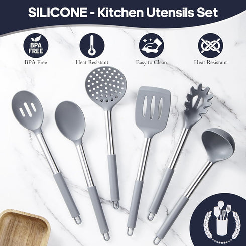 Silicone Kitchen Utensils Set, 6-Pieces Grey Cooking Utensils for Nonstick Cookware, Silicone Spatulas with Stainless