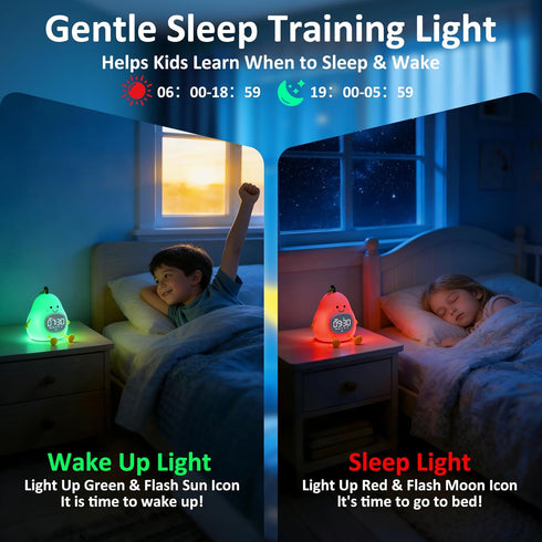 Pear Alarm Clock with Night Light for Kids with Sleep Training Light and White Noise, Rechargeable Silicone Lamp OK