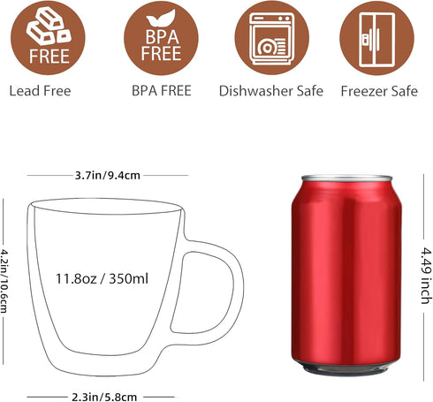 12oz,Double Handle,Set 4 CNGLASS Large Glass Coffee Mugs Walled Insulated Cappuccino Mug