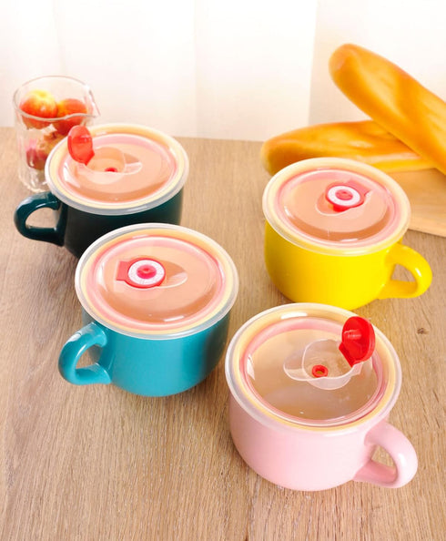 WHJY Simple Ceramic Soup Mugs with Lid, 22 oz Soup Cups with Handle, Microwave Oatmeal Bowl for Milk, Tea, Coffee, Dark