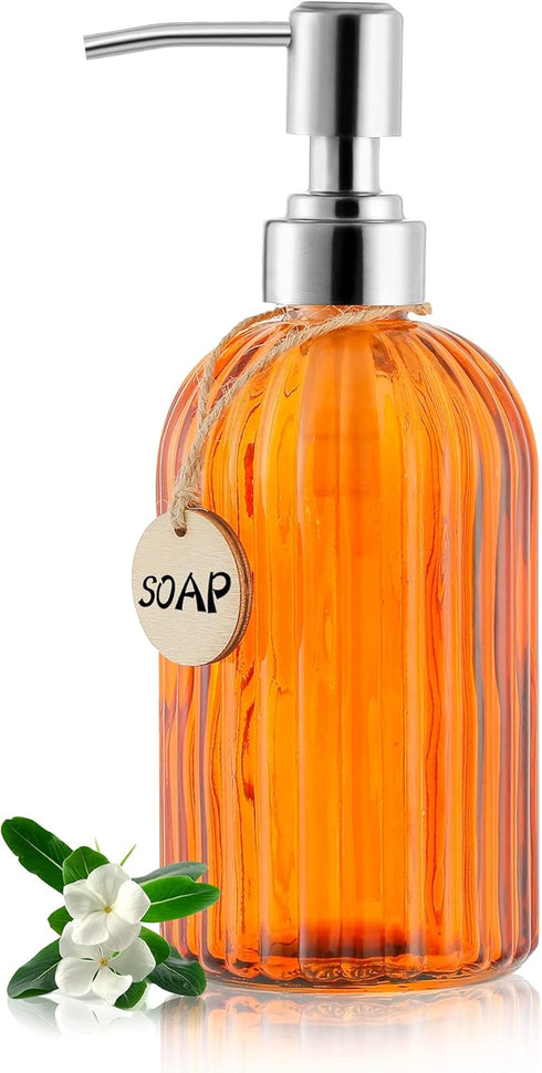 16 OZ Soap Dispenser, Clear Tempered Glass with 304 Stainless Steel Pump for Bathroom, Kitchen, Lotion (Orange)