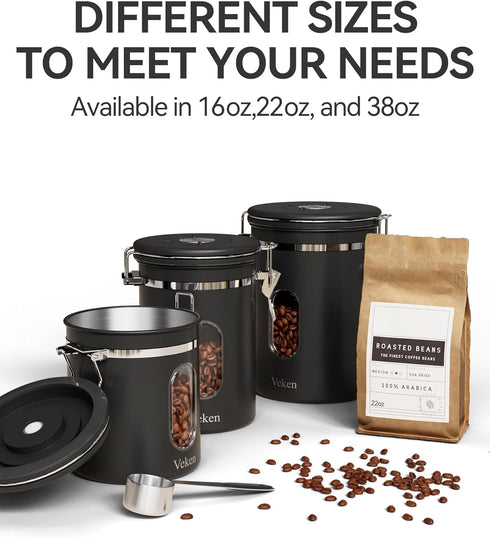 Veken Coffee Canister with Window, Airtight Stainless Steel Storage Container for Coffee, Beans, and Tea
