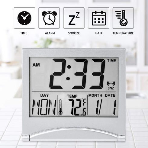 Digital Travel Alarm Clock, Battery Operated, Portable Large Number Display with Temperature, Silver