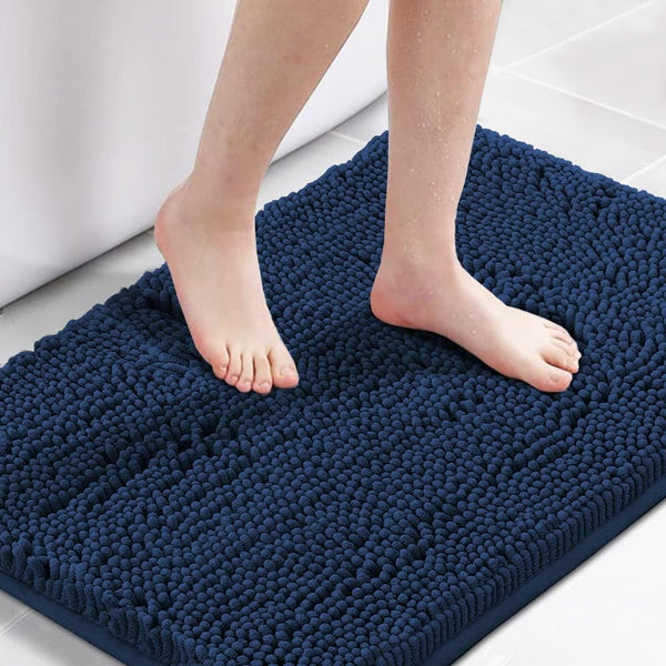 H.VERSAILTEX Navy Blue Bath Rug, Non-Slip Bath Mat, Extra Thick Chenille Rug, 17" x 24", Washable Plush Rugs