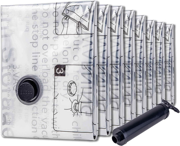 Vacuum Storage Bags, 8 Large Space Saver Bags with Travel Hand Pump for Clothes, Bedding, Pillows