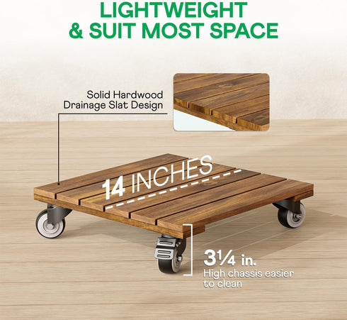 2-Pack 12 Inch 360 264 lbs Idzo Acacia Wood Rolling Square Plant Caddy for Plant Pots, Heavy Duty Plant Stand
