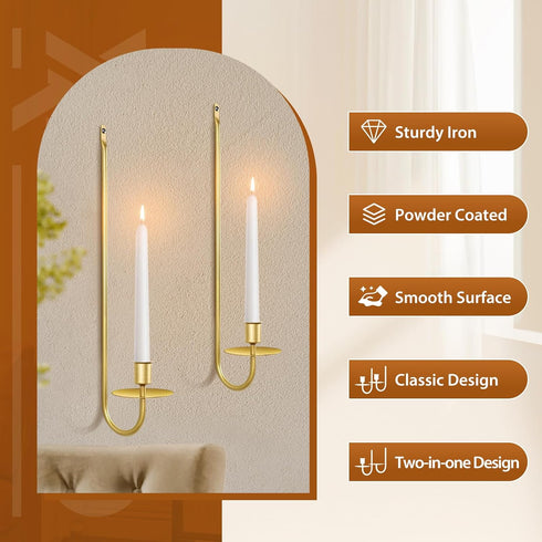 Set 2, 13.2 Inch Set Gold Candle Sconces of Taper & Pillar Wall Candle Holder, Wall Candle Sconces of Two, Decor