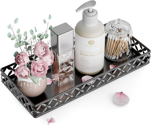 EKNITEY Vanity Tray - 11 Inch Black Decorative Tray for Bathroom Counter, Organizer for Perfume, Makeup, Jewelry