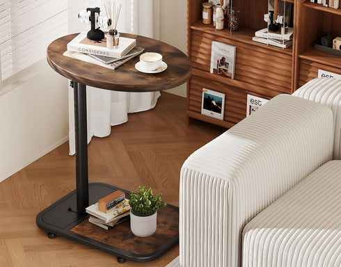 TV Tray Table with Infinite Adjustable Height - C-Shaped Sofa End Side Table for Snack Laptop Desk Small Spaces (Brown)