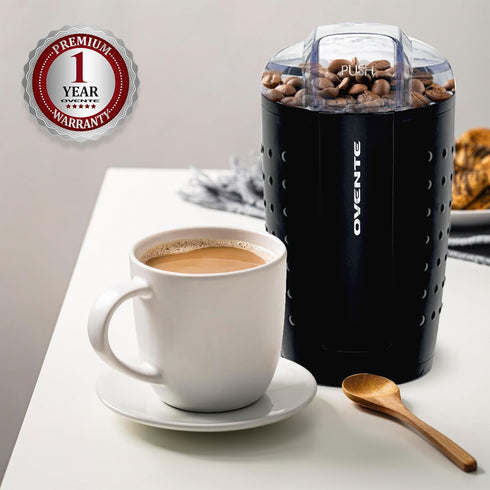 OVENTE Black Electric Coffee Grinder - Compact Grinding Mill with Stainless Blade for Beans, Spices, Herb, Tea