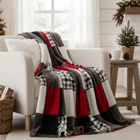 63x90, Tache Holiday Red Farmhouse Super Soft Plaid Patchwork Plush Lightweight Decorative Couch Travel, Lap, Bed Throw
