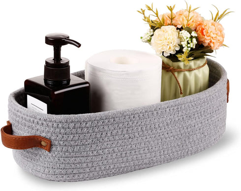 Cotton Rope Small Woven Storage Basket for Toilet Paper, Bathroom, 13"x5.9"x4", Gray