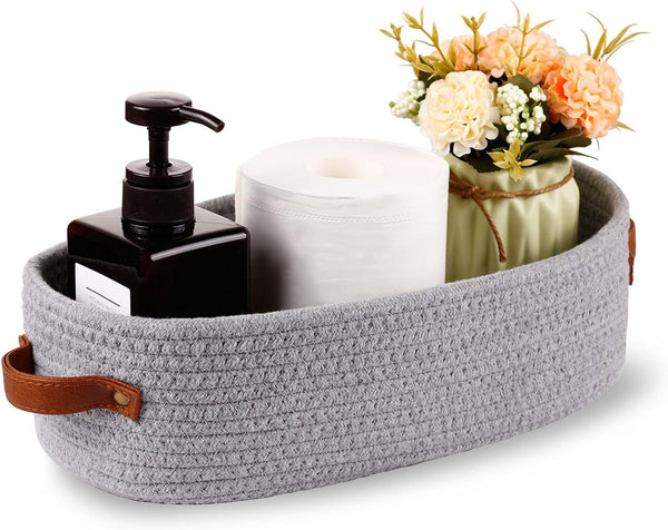 Cotton Rope Small Woven Storage Basket for Toilet Paper, Bathroom, 13"x5.9"x4", Gray