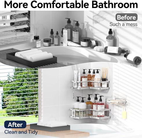4 (3Pack, YASONIC Corner Shower Caddy Organizer, Self-Adhesive Rustproof Bath Shelves with Soap Holder & Hooks, Large