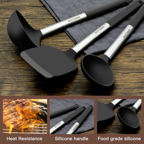 Kitchen Utensils Set, 32 pcs Non-Stick Silicone Cooking Utensils with Holder and Stainless Steel Handle