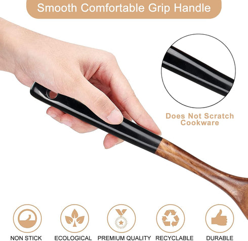 2 Pcs Best Wooden Spatula Set for Cooking, Slotted Turner and Flat Wood Wok Spatula