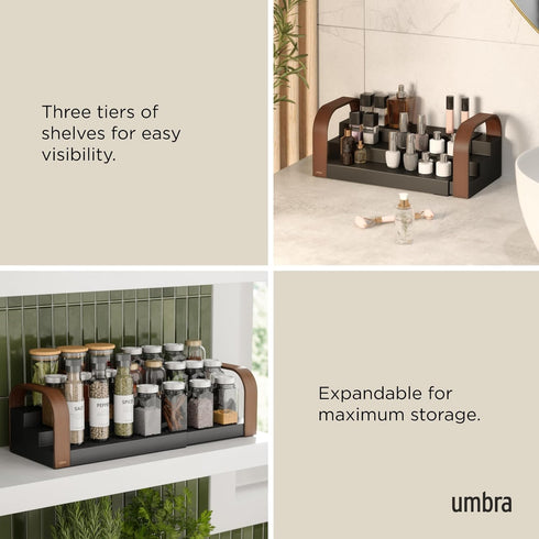 Expandable Three-Tier Spice Shelf - Bellwood Design in Black/Walnut