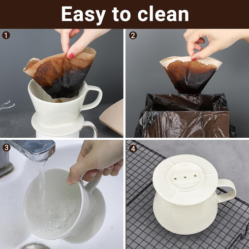 Segarty Pour Over Coffee Maker Set, Single Cup White Ceramic Dripper with 200PCS Size #2 Cone Filters