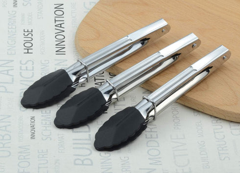 Mini Tongs with Silicone Tips, 7-Inch Kitchen Tongs, Set of 3 (Black)