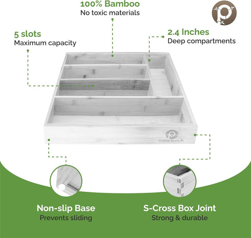 Silverware Drawer Organizer - Expandable Kitchen Utensil Tray for Flatware, 5-Slots, White