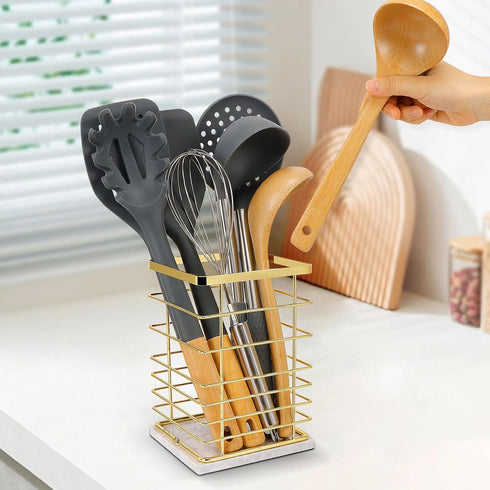 Square Kitchen Utensil Holder - Sturdy Metal Rack for Countertop Storage, Stylish Utensil Caddy with Drainage Hole