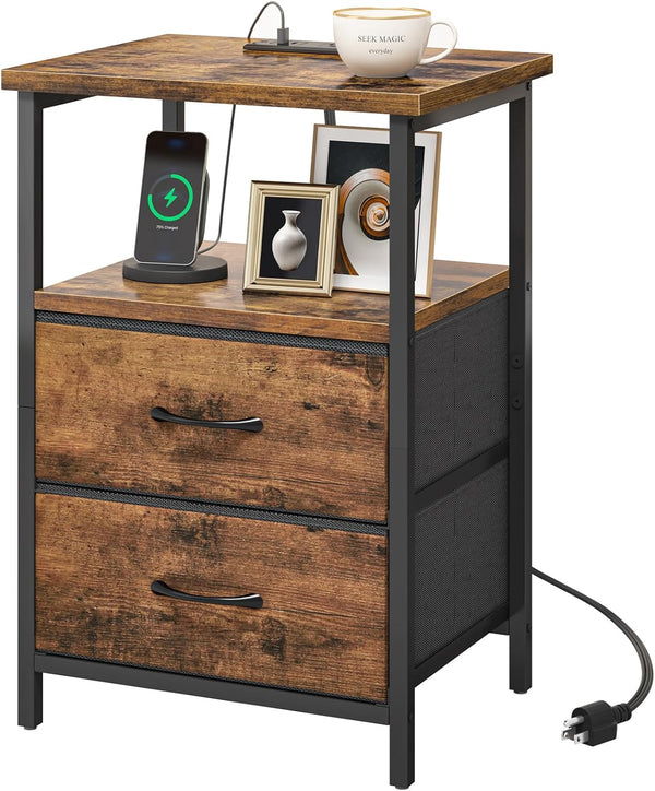 Fixwal Night Stand with Charger Station, Nightstand with Charging Station & Fabric