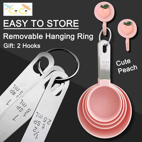 Measuring Cups and Spoons Set of 8pcs - Cute Pink Stainless Steel Handle, XGiGiX Plastic Measure Spoon and Cup Set