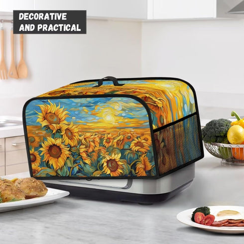 Oil Painting Sunflower Slow Cooker Dust Cover, Yellow Air Fryer Cover with Top Handle and Storage Pockets