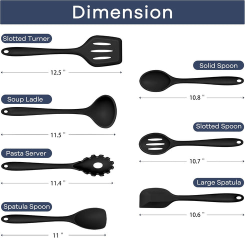TeamFar Silicone Cooking Utensil Set of 7, Black Kitchen Nonstick Tools Turner Spoon Spatula Ladle Pasta Server for Nonstick Cookware, Healthy & One-Piece, Anti-Heat & Dishwasher Safe by TeamFar