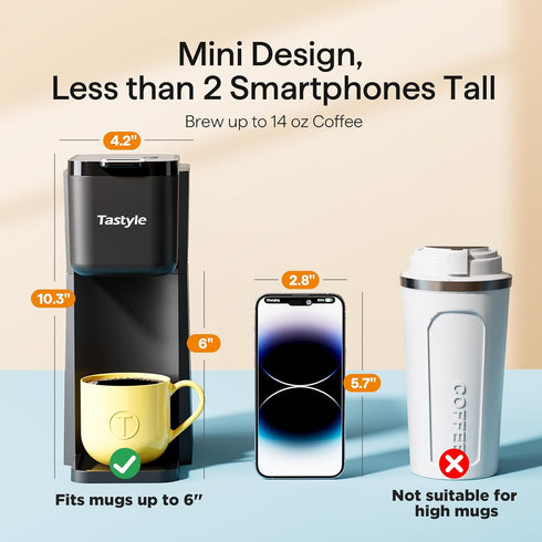 6 14 Oz (2.0 Tastyle Mini Hot and Iced Coffee Maker Single Serve, for K Cup and Ground, to Brew Sizes, with Recipe