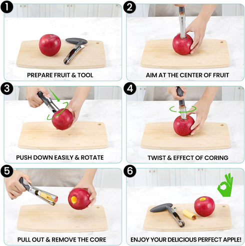 SCHVUBENR Premium Stainless Steel Apple Corer Tool - Easy to Use & Clean - Sharp Serrated Tips for Apple & Pear (Silver)
