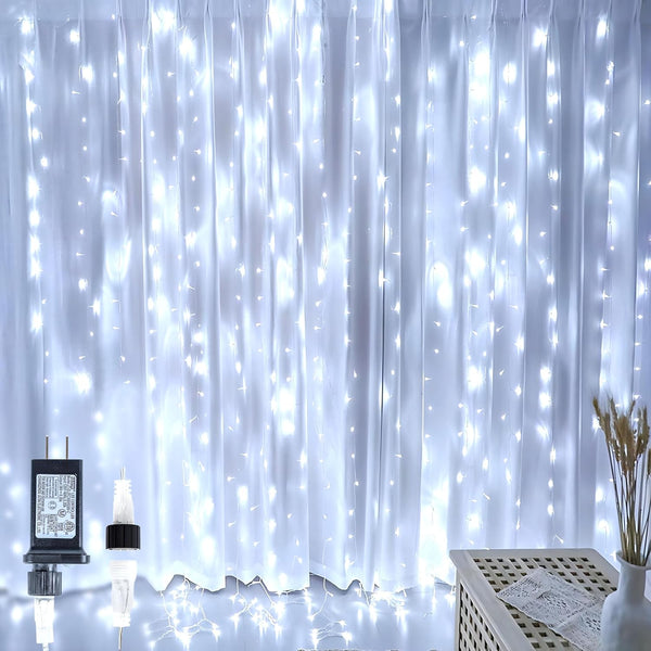 HEYFUNi 304 LED Curtain Lights Outdoor, 9.8Ft*9.8Ft Fairy Lights with 8 Modes for Bedroom & Wedding Decor