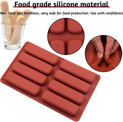 2 PCS Finger Biscuit Silicone Mould, 8 Cavities Non-stick Chocolate Bar Mold for Candy, Eclair, Muffin