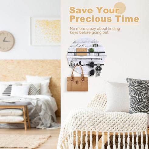 Key Holder for Wall, Round Wooden Rustic Organizer for Entryway, Mudroom, Hallway, Kitchen, Pale White
